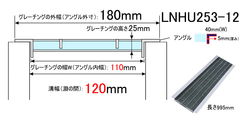 グレーチング  細目 180（110）×995×25 U字溝120用 溝蓋 U形側溝120mm用 LNHU253-12 T14用