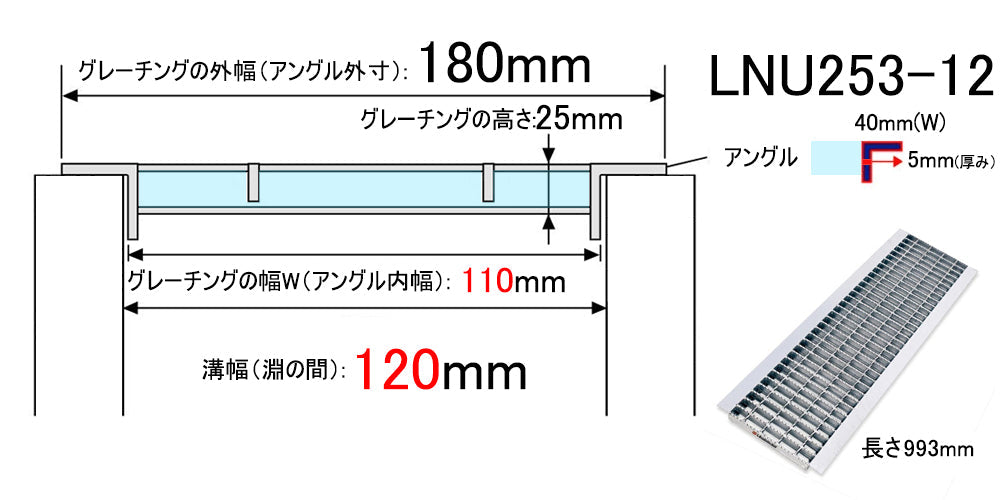 グレーチング 普通目 180（110）×993×25 U字溝120用 溝蓋 U形側溝120mm用 LNU253-12 T14用