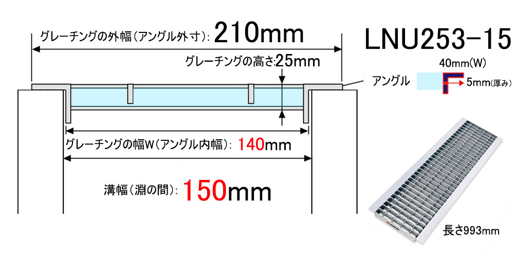 グレーチング 普通目 210（140）×993×25 U字溝150用 溝蓋 U形側溝150mm用 LNU253-15 T14用