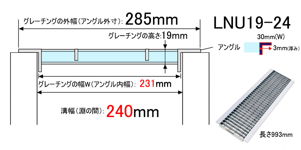 グレーチング 普通目 285（231）×993×19 U字溝240用 溝蓋 U形側溝240mm用 LNU19-24  歩道用