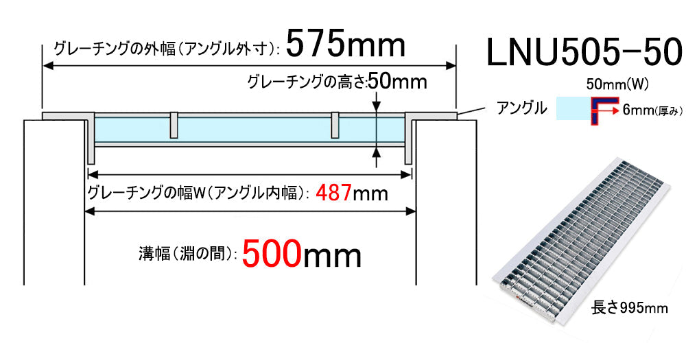 グレーチング 普通目 575（487）×995×50 U字溝500用 溝蓋 U形側溝500mm用 LNU505-50 T14用