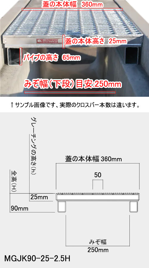 グレーチング 嵩上げ かさあげ T-2 普通目 溝幅250mm用 MGJK90-25-2.5H ハーフサイズ485mm