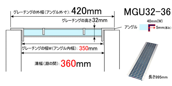 グレーチング U字溝用 溝蓋 溝幅 360mm用 普通目 適用荷重 T-2 乗用車通過 ノンスリップ 圧接式 MGU32-36