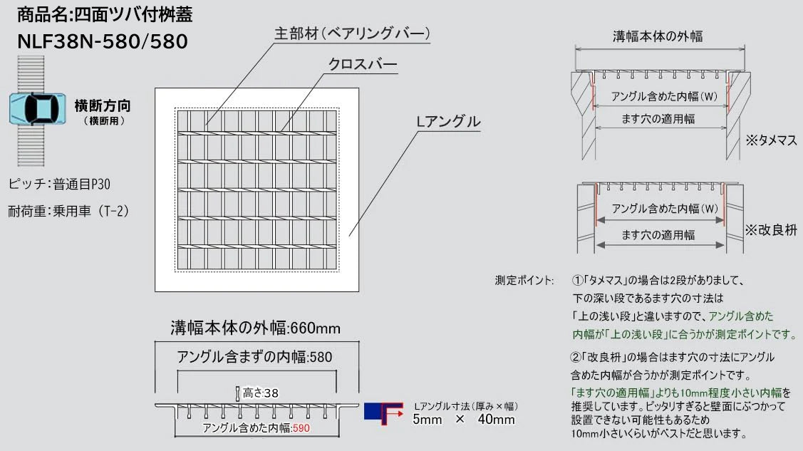 「特価品」マキテック 普通目 四面ツバ付き 桝蓋 溜桝・角マス600用 スチール製 T-2用 ノンスリップ NLF38N-580/580