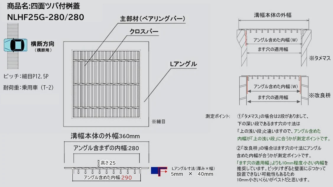 「特価品」マキテック 細目 四面ツバ付き 桝蓋 溜桝・角マス300用 スチール製 T-2用 NLHF25G-280/280