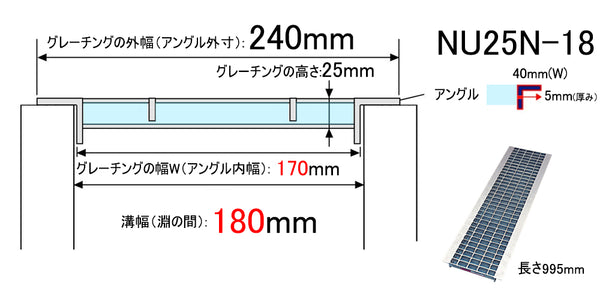 グレーチング U字溝用 蓋幅240mm 溝幅180mm用 普通目 適用荷重 T-14 消防車程度 ノンスリップ 圧接式 NU25N-18