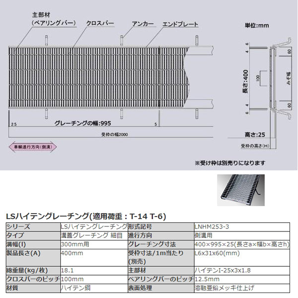 一般側溝用 みぞぶた グレーチング ハイテン鋼製 普通目 歩道用 T2 T6 T14 対応溝幅 200 250 300 350 400 45 –  グレーチングファクトリー